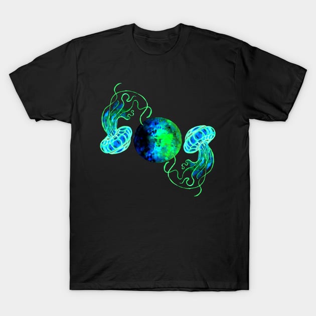 Turquoise Moon and Space Jellyfish T-Shirt by ZeichenbloQ